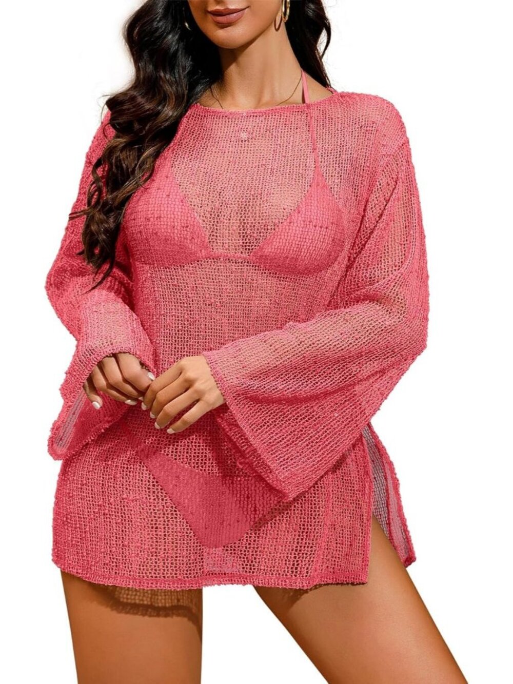 Women's Hot Pink Polyester Crochet Mesh Cover Up Swimsuit Bathing Suit Sparkle